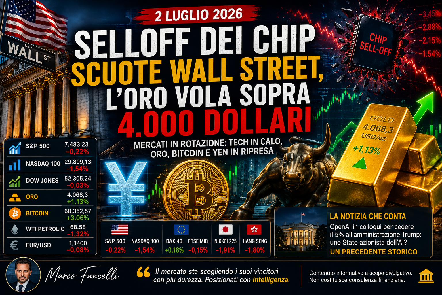 Selloff dei chip scuote Wall Street, l’oro vola sopra 4.000 dollari