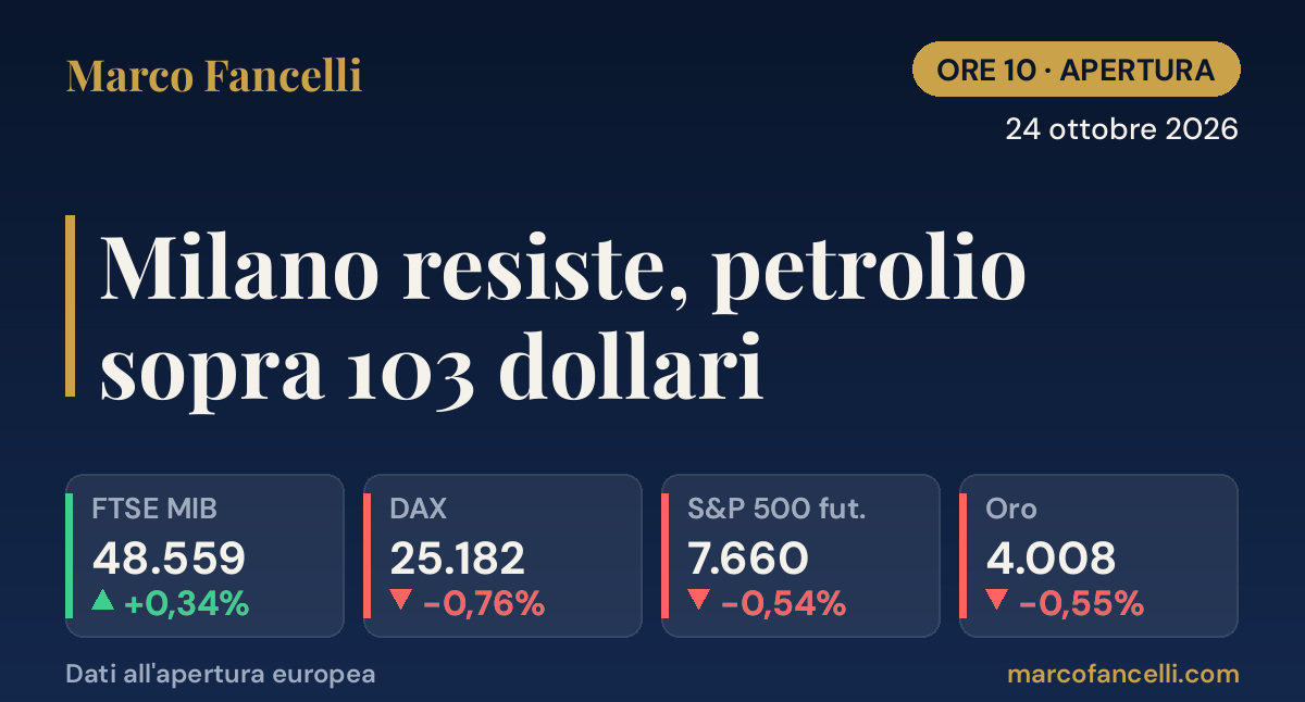 Ore 10 | 24 ottobre 2026 — Milano resiste, petrolio sopra 103 dollari