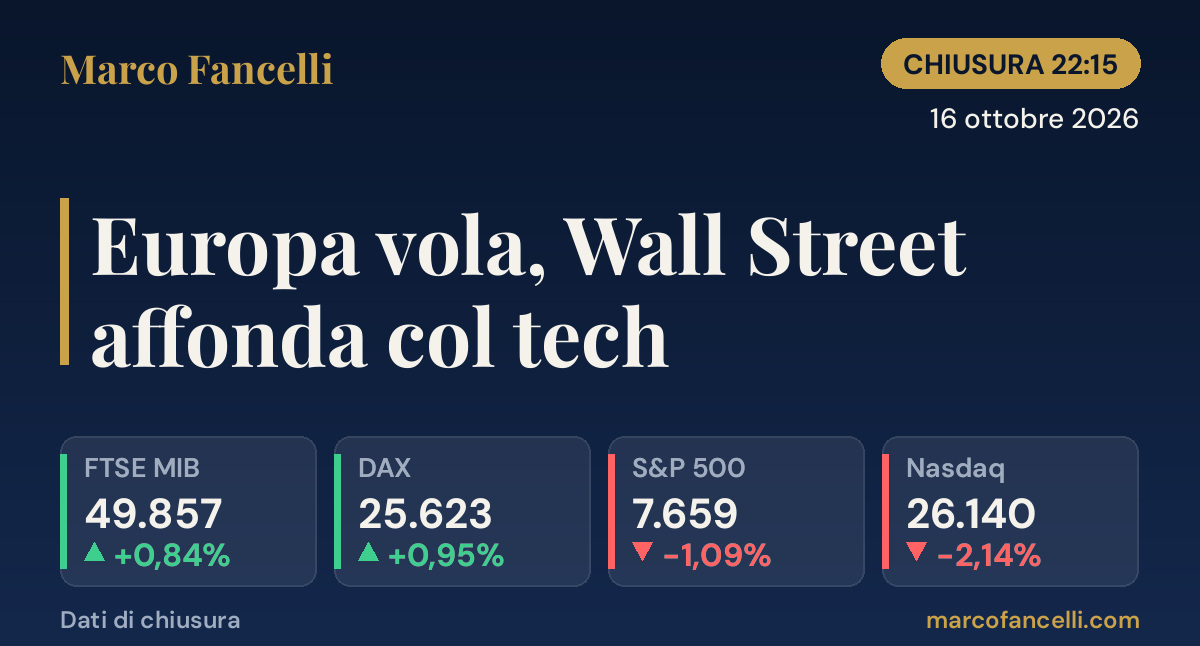 Chiusura Ore 22:15 | 16 ottobre 2026 — Europa vola, Wall Street affonda col tech