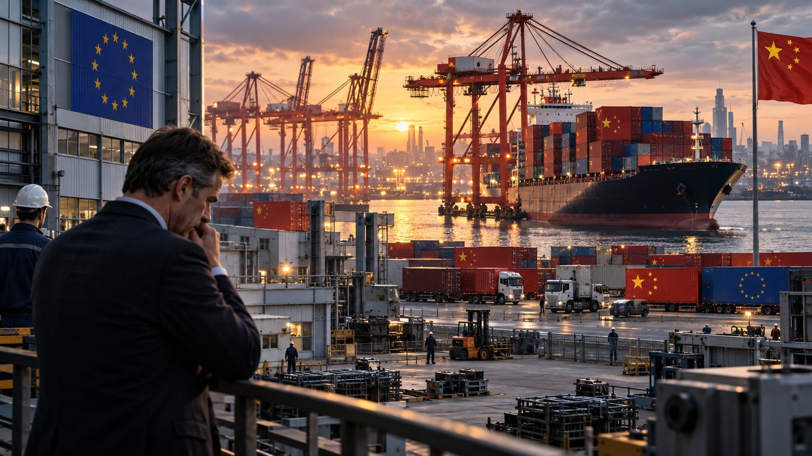 Porto commerciale al tramonto con container e bandiere dell’Unione europea e della Cina, mentre un uomo osserva le gru