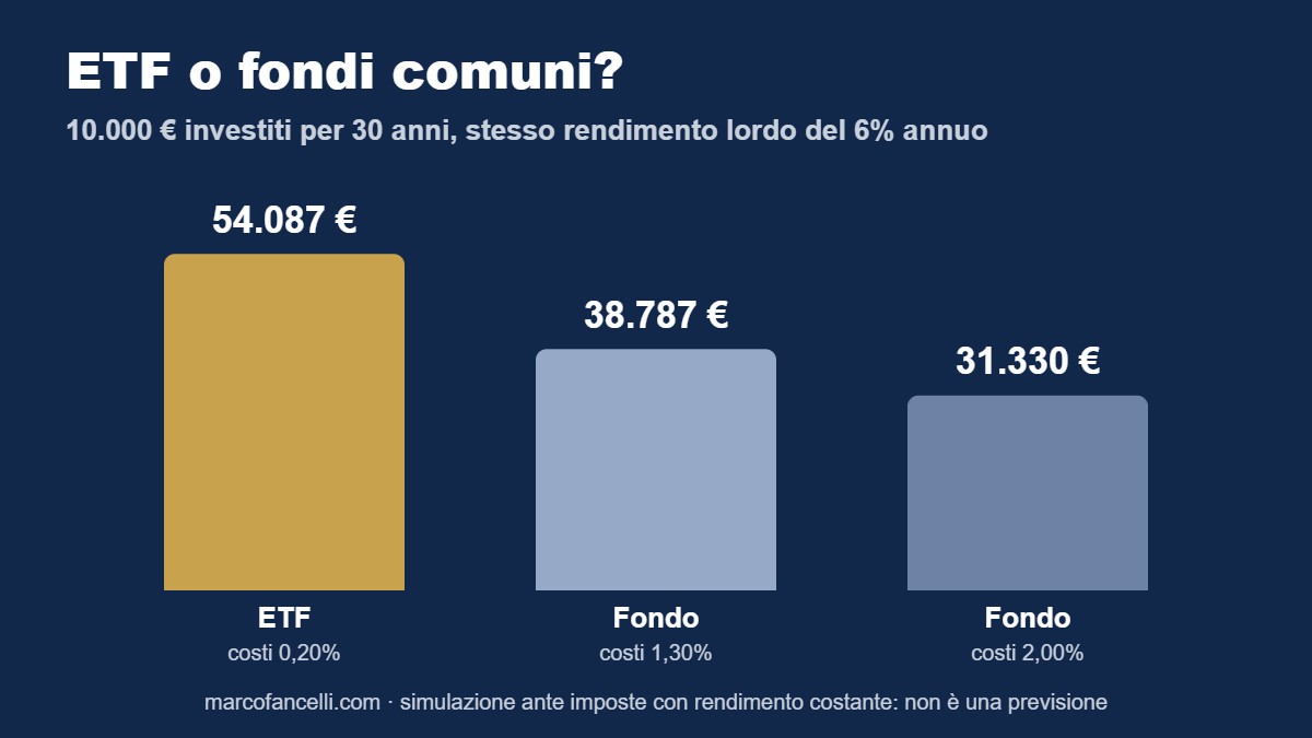Grafico: 10.000 euro investiti per 30 anni al 6% lordo, valore finale con ETF a costi 0,20% e fondi con costi 1,30% e 2,00%