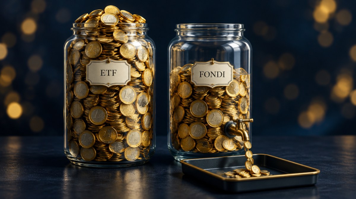 Due barattoli di monete: ETF pieno, fondi con un rubinetto da cui escono monete, simbolo dei costi annui