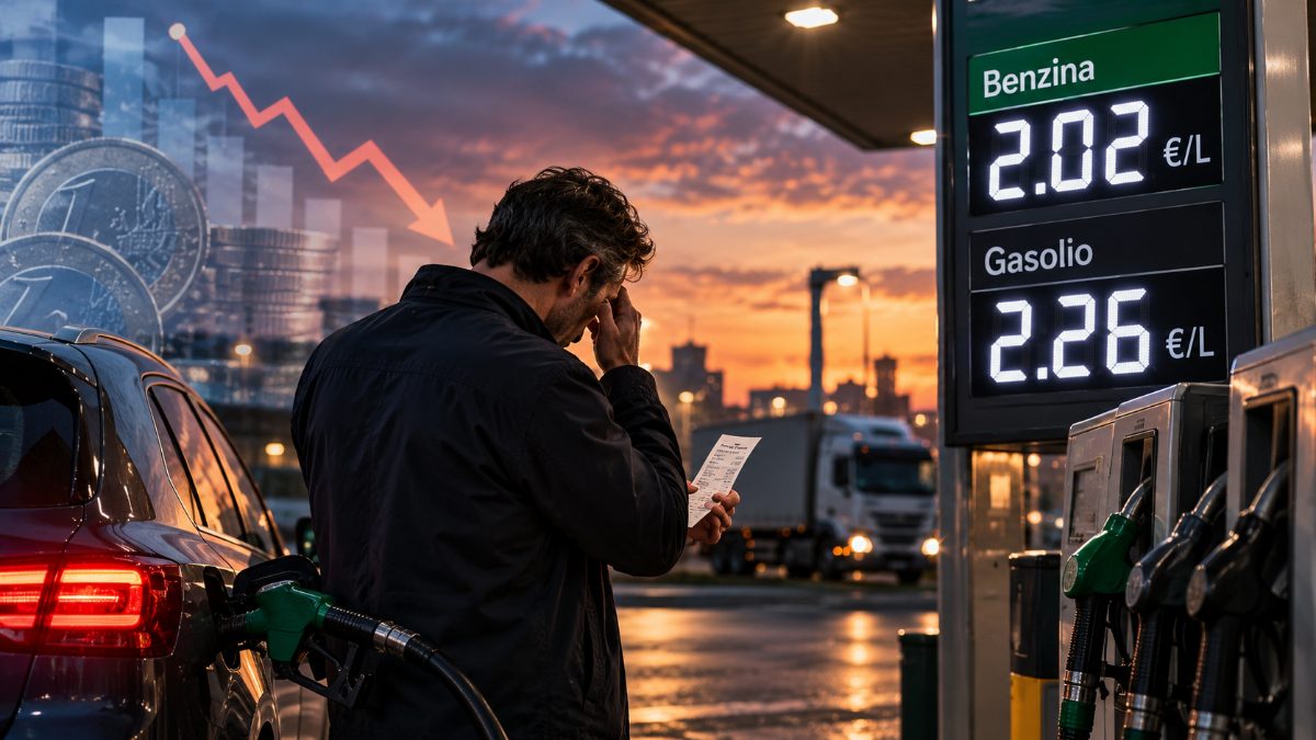 Automobilista al distributore con i prezzi di benzina a 2,02 euro e gasolio a 2,26 euro al litro